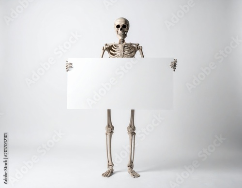 Anatomical human skeleton model stands vertically, presenting a clean white rectangular placard with empty space for text or message on a simple studio background
