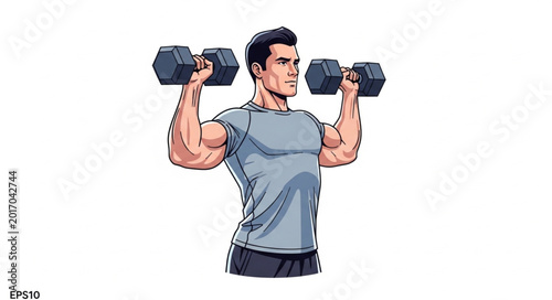 Photos Muscular Man Lifting Dumbbells for Strength Training.