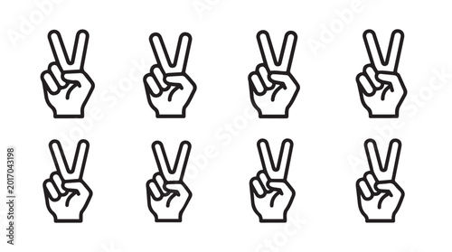 Multiple hands showing the peace symbol against a white background