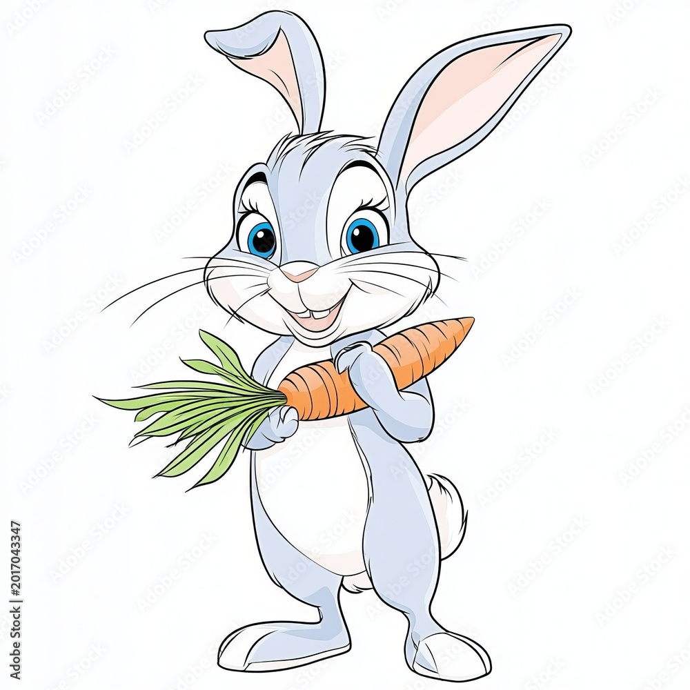 Fototapeta premium Charming cartoon bunny happily munching on a bright orange carrot in a whimsical garden setting