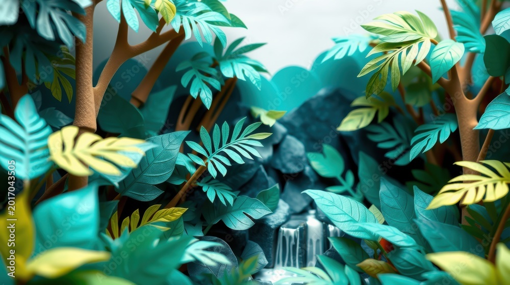 Fototapeta premium Papercraft jungle scene. Lush foliage surrounds small waterfall. Blue, green hues dominate composition. Detailed textures create depth.