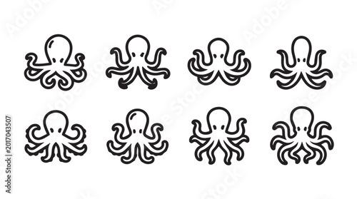 Octopus Icons Minimalist Set with Clean Lines on White Background