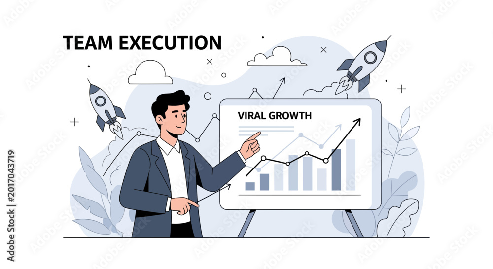 Fototapeta premium Team works to achieve viral growth with rockets and charts.