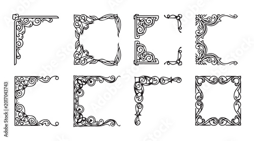 Ornate Corner Flourishes and Decorative Border Elements in Black and White