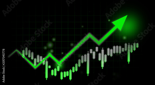 A stock market chart display a rising trend line with green bar and candle. The chart represent financial growth over time. Trader and investor analyze this data.