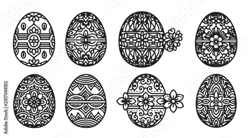 Ornate Easter Eggs with Intricate Floral Patterns in Black and White Vector Art