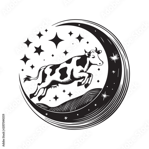 Woodcut Cow Jumping Over Moon Nursery Rhyme Illustration Black and White Graphic. 