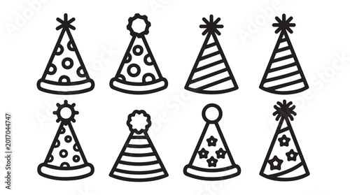 Party Hats Collection in Minimalist Line Art Style Isolated on White