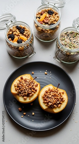 Baked Pears with Granola Topping on Black Plate and Jars