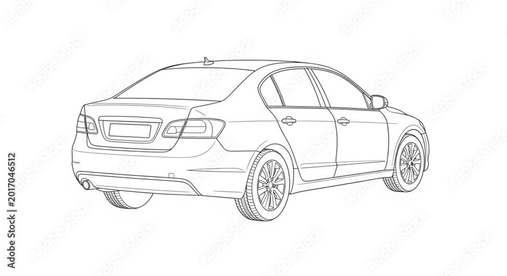 Obraz premium Outline drawing of a modern sedan car from the rear.