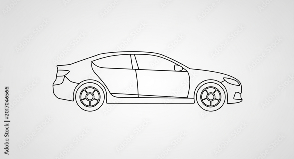 Fototapeta premium Outline drawing of a modern sedan car on a light grey background.