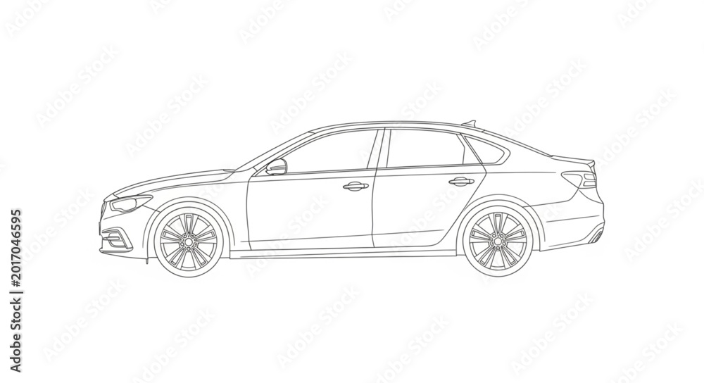 Fototapeta premium Outline drawing of a modern sedan car side view.