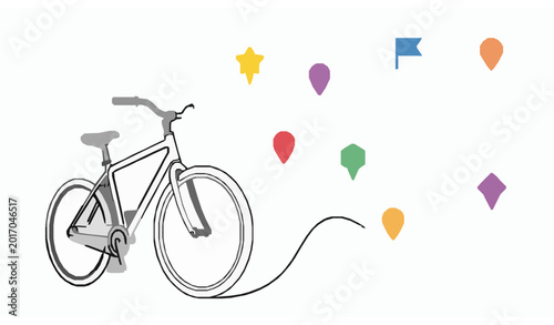 Schilderij op canvas Minimal bicycle route line art with dotted navigation path and colorful map pins