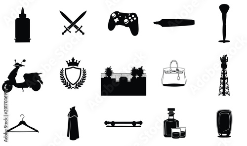 Black icons set in flat style for web design and development in dark minimalist aesthetic on white background for software and technology
