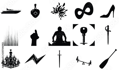 Collection of various black silhouette icons on white background for design and branding
