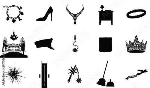 Collection of black silhouettes of jewelry and royal crowns on white background in minimalist style with sharp detailed edges for luxury branding