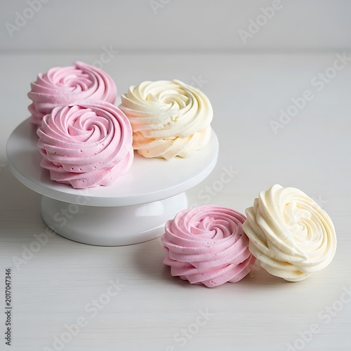Pink and White Meringue Cakes on White Cake Stand