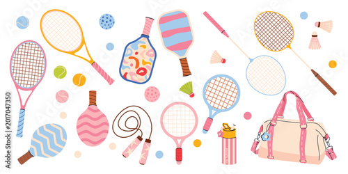 Tableau sur toile Summer sports vector set in hand drawn style with tennis, badminton, pickleball, jump rope and sporty accessories