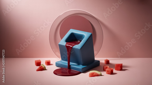 3D scene with red liquid pouring from blue block near watermelon