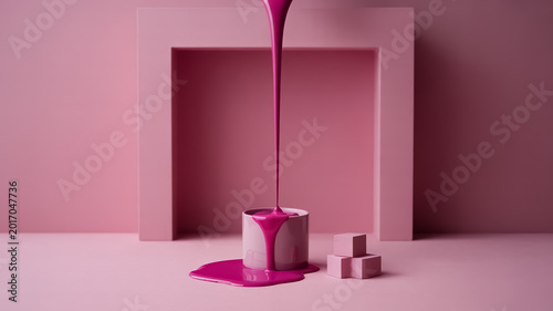 Abstract 3D scene with magenta paint pouring into a cylinder on a pink background
