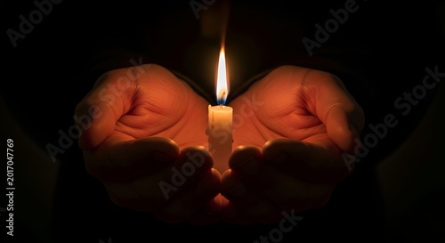 Burning candle held in cupped hands against black background.