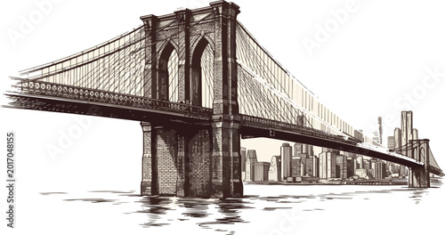 Brooklyn Bridge New York ink sketch vector illustration.