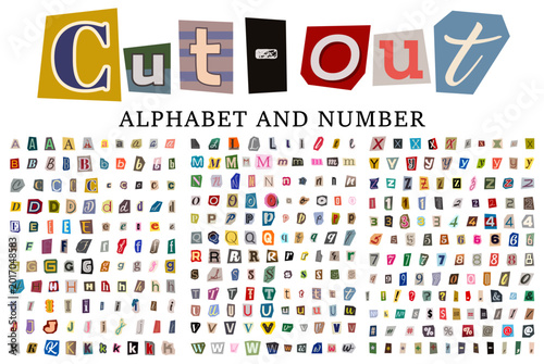 Mega set of cut out magazine alphabet collage font with colorful letters, letters and numbers in retro Y2K style, paper scrapbook typography set. Cartoon blackmail ransom kidnapper anonymous Font.