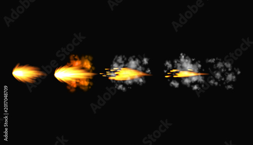 Gun flashes or gunshot animation. Collection of fire explosion effect during the shot with the gun. Cartoon flash effect of bullet starts. Shotgun fire, muzzle flash and explode