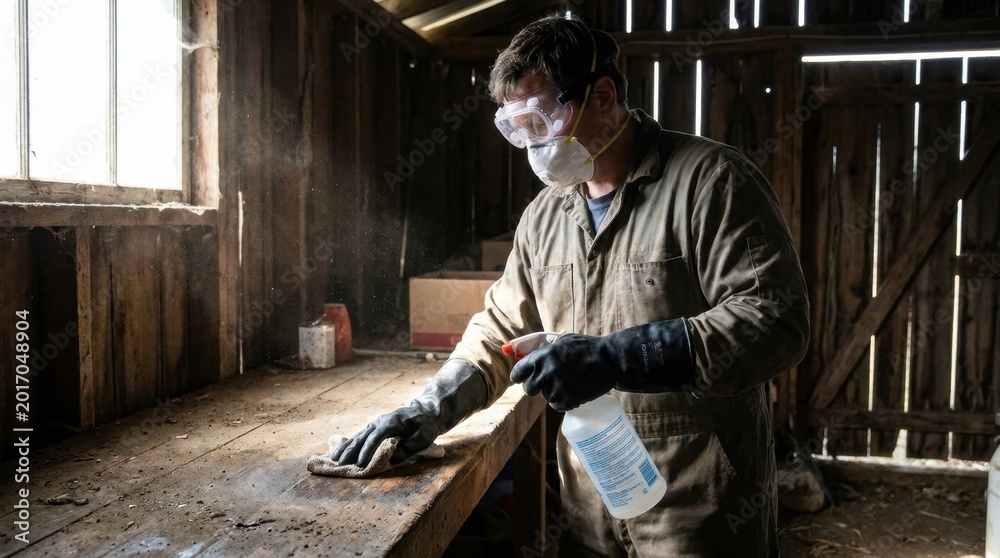 Fototapeta premium A person wearing safety gear cleaning a dusty rural shed to prevent Hantavirus exposure.
