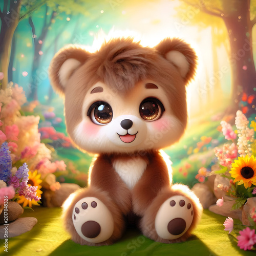 Adorable Fluffy Bear Cub Smiling in a Whimsical Blossom Garden with Soft Sunlight, Portraying Innocence and Joyful Childhood Moments