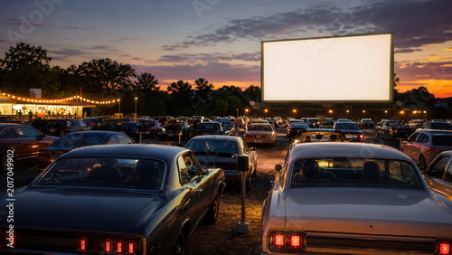 Drive In Movie Theater At Sunset With Classic Cars
