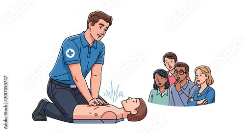 Schilderij op canvas Paramedic performing CPR on a patient with onlookers watching.