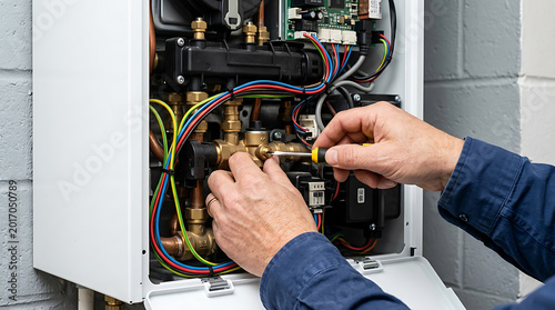 Professional plumber hands using a screwdriver to fix or maintain a modern wall mounted gas boiler system.