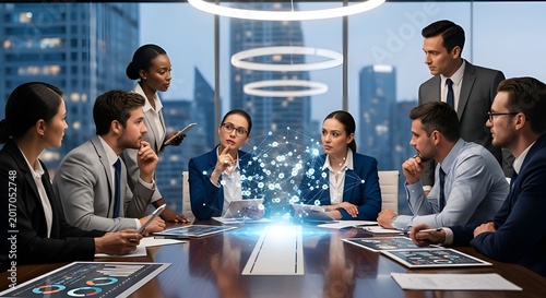 Business team collaborative meeting with technology overlay in office.