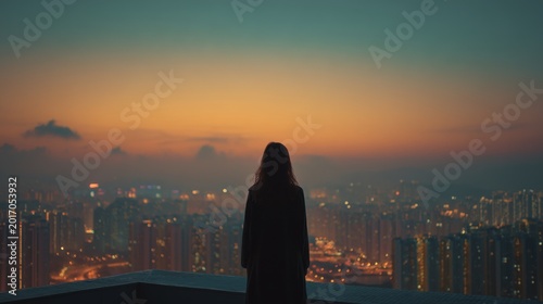 Person from Behind on Urban Rooftop with City Panorama at Dusk