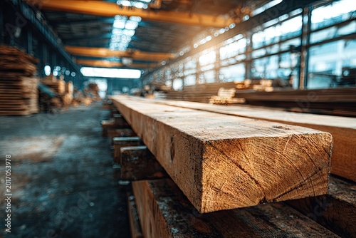 Large Wooden Beam in Industrial Timber Processing Plant with Sunlight.