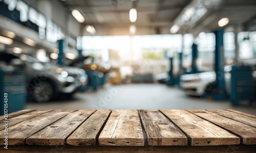 Empty wooden table top with blurred background of car service garage.