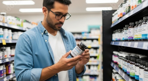 Naklejka Man Carefully Reading Nutrition Label on Supplement Bottle in Pharmacy