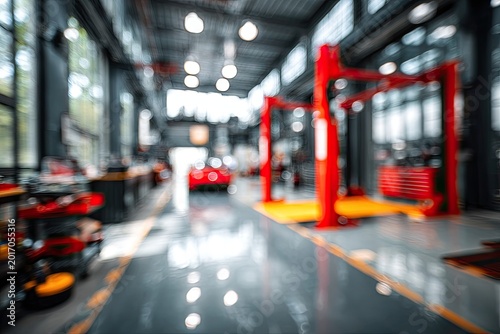 Blurred Background of a Modern Car Repair Shop with Red Lifts and Vehicles.