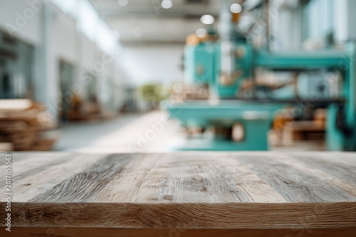 Empty wooden table with blurred industrial factory background.