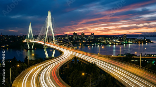Cable-stayed bridge with vibrant traffic light trails at sunset overlooking a city skyline and river