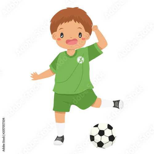 a happy boy wearing a green number three soccer jersey  about to kick the ball, with his leg drawn back cartoon vector