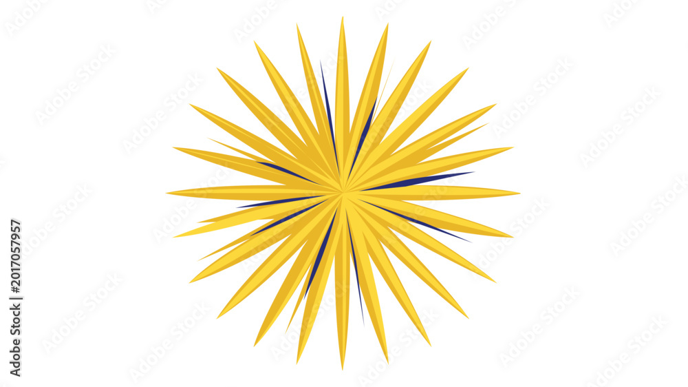 Fototapeta premium Retro golden sunburst vector icon featuring vibrant rays in a minimalist flat style, perfect for vintage lifestyle illustrations, nostalgic graphic resources, and creative summer designs on white.