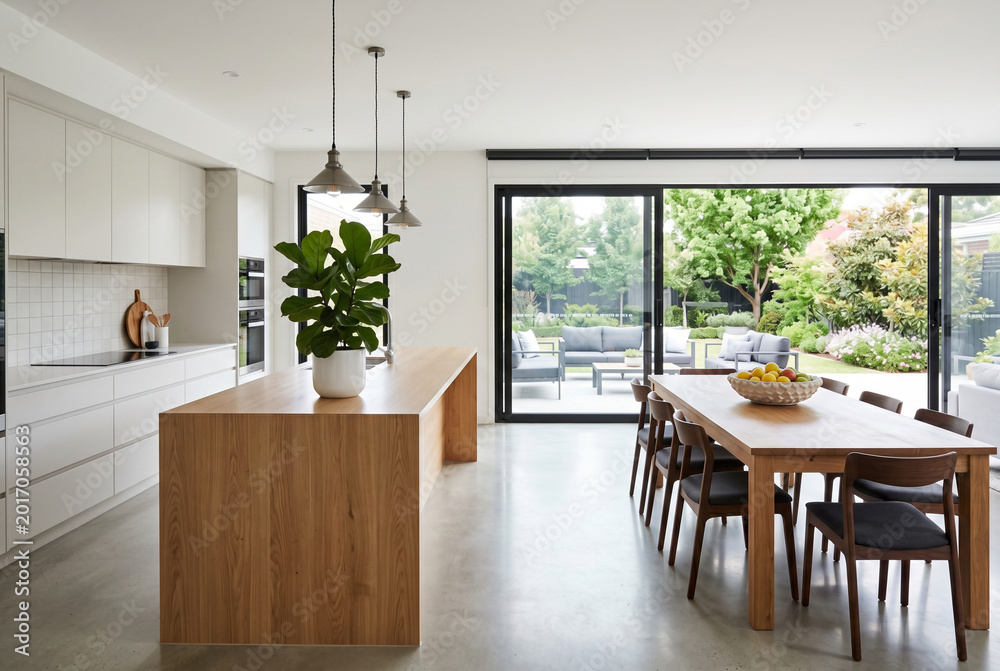 Fototapeta premium Modern kitchen and dining area opening to lush green garden