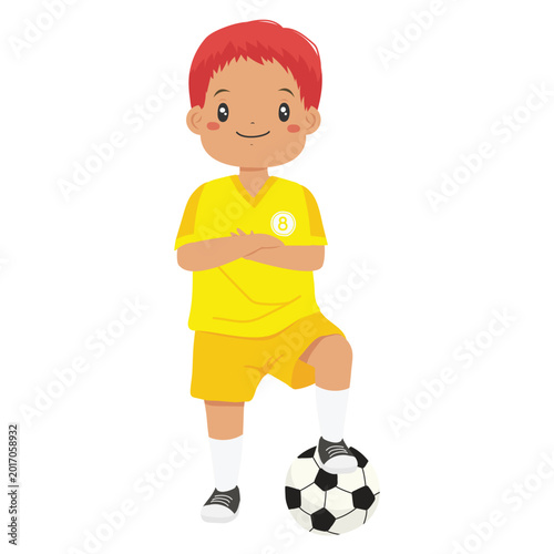 a happy boy wearing a yellow number eight soccer jersey with his arms crossed and his left foot on a soccer ball cartoon vector