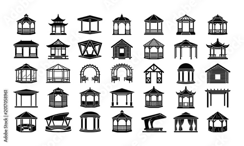Foto Gazebo, collection, silhouette, icons, set, garden, pavilion, pergola, outdoor, structures, backyard, architecture, shed, summerhouse, arbor, patio, park, wooden, building, vector, designs