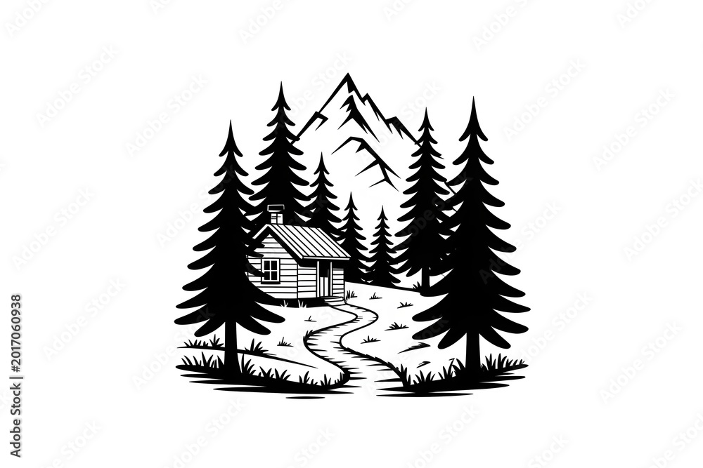 Obraz premium Cozy cabin nestled in a forest with winding path