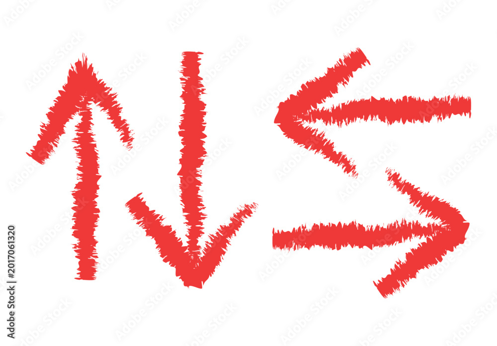 Fototapeta premium Red Rough Brush Arrow Set Pointing Up Down Left and Right on White Background