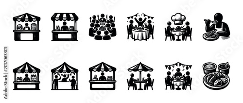 Collection of stylized black and white icons representing food stalls, outdoor dining, and communal meals with a festive atmosphere.