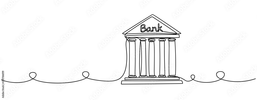 Obraz premium Continuous line drawing of bank building with classical columns. No editable stroke